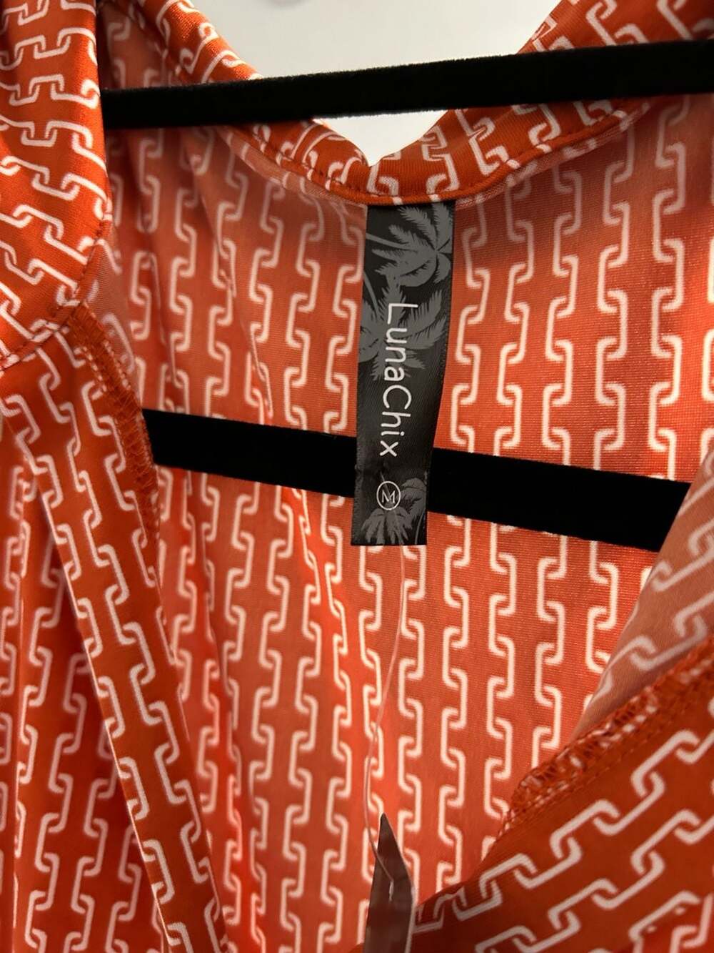 LunaChix Dress Size M Orange White Geo Print Short Sleeve Collared